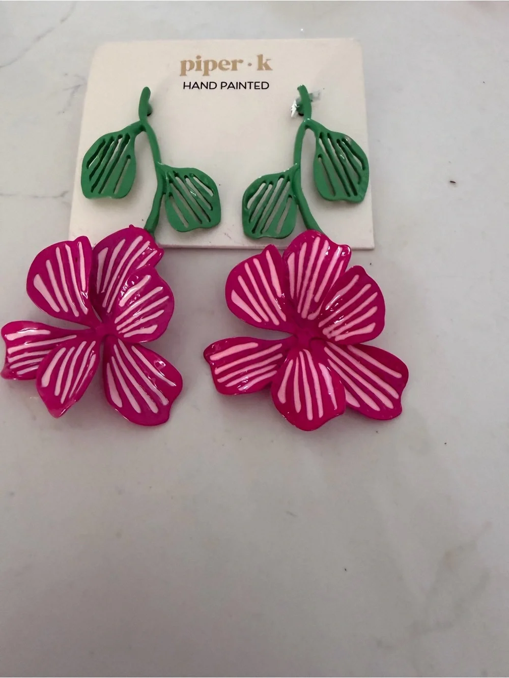piper•k Hand-Painted Hot Pink Floral Drop Earrings with Green Leaves